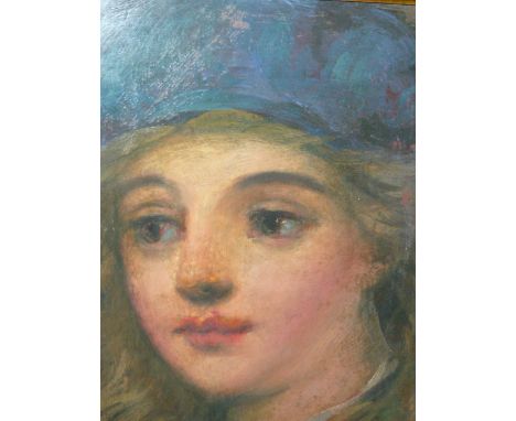 19TH/20TH.C. ENGLISH SCHOOL.   PORTRAIT OF A GIRL WEARING A BLUE HAT, SIGNED INDISTINCTLY, OIL ON BOARD.   30 X 23CMS.