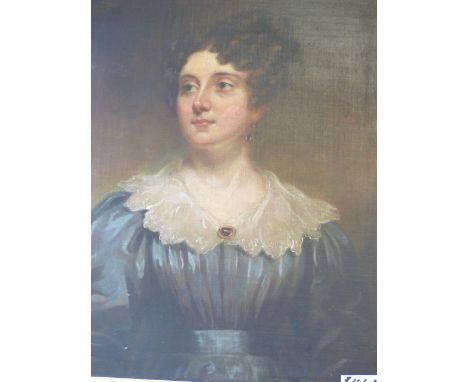 EARLY 19TH.C.ENGLISH SCHOOL.   A PORTRAIT OF A YOUNG LADY WEARING A BLUE DRESS, OIL ON CANVAS.   78 X 62CMS.