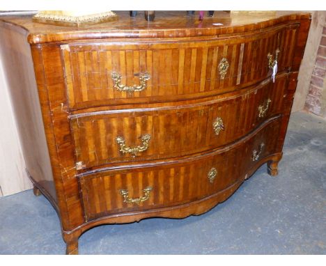 AN ANTIQUE CONTINENTAL PARQUETRY INLAID THREE DRAWER COMMODE OF SERPENTINE FORM WITH CURVED SIDES AND SHORT HOOF FEET, POSSIB
