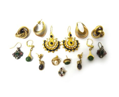 A pair of 9ct gold earrings, in an interwoven design, a pair of blister pearl green and red gem set pendant earrings, probabl