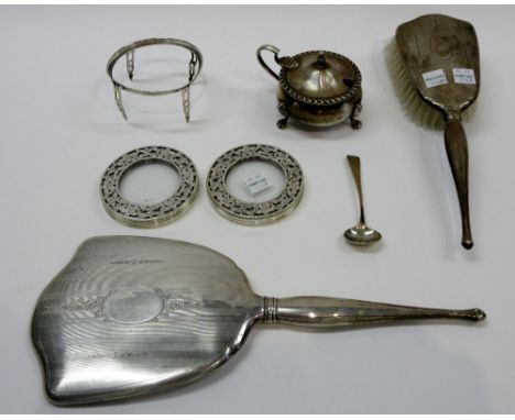 Silver and Sterling mounted wares, comprising;  a Birks Sterling mustard pot, raised on three feet, a silver spoon, eight Ste