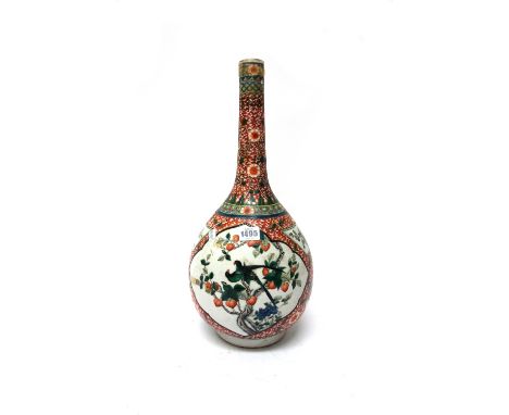 A tall Chinese famille-verte bottle vase, late 19th century, painted on one side with a panel of a mother and child, the reve