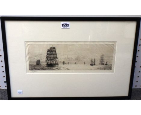 William Lionel Wyllie (1851-1931), Warships, Norwegian Timber Ships, etching, signed in pencil,10.5cm x 32.5cm.
