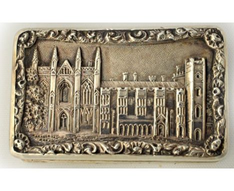 A William IV silver 'castle top' vinaigrette of rectangular form, the lid with a raised view of Newstead Abbey, Nottinghamshi