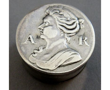 An early 18th century small counter box and cover, the pull-off lid embossed with a portrait of Queen Anne flanked by initial