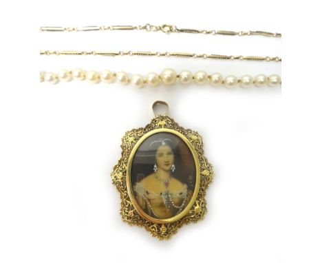 An 18ct gold mounted shaped oval pendant locket, the centre glazed with the portrait of a lady wearing jewellery, within a ca