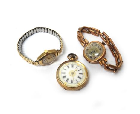A lady's gold cased, keyless wind, openfaced fob watch, with a cylinder movement, base metal inner case, the enamelled dial w