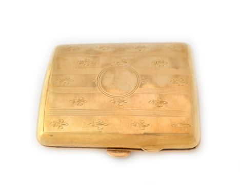 A 9ct gold curved rectangular cigarette case, decorated with engine turned bands and Fleur De Lys, the interior containing a 
