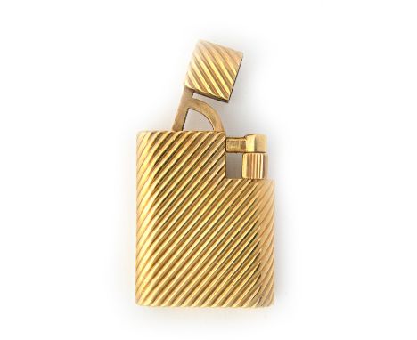 A 9ct gold Cartier London petrol lighter, of curved rectangular form, with slanting banded decoration, London 1952, gross wei
