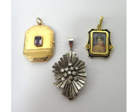 A diamond set pendant, in a radiating design, having a textured finish, mounted with twelve circular cut diamonds, an 18ct go