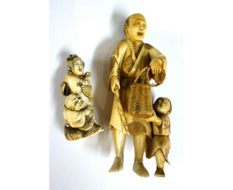 A Japanese ivory netsuke of a bijin, Meiji period, standing with a leering old man kneeling at her side, signed, 6.5cm. high;