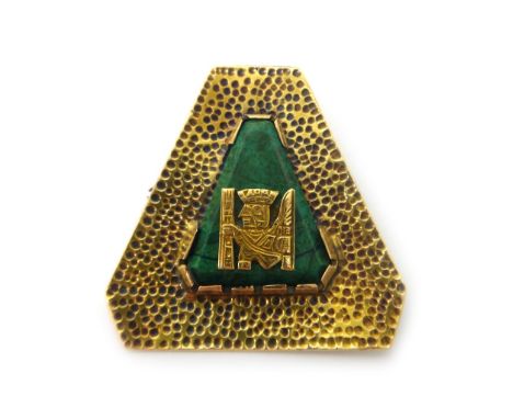 A malachite set pendant brooch, of triangular form, the central malachite applied with a Deity figure motif, detailed 18 K, g