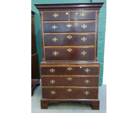 A George III burr oak banded oak chest on chest, of two short and six long graduated drawers, on bracket feet, 110cm wide x 1
