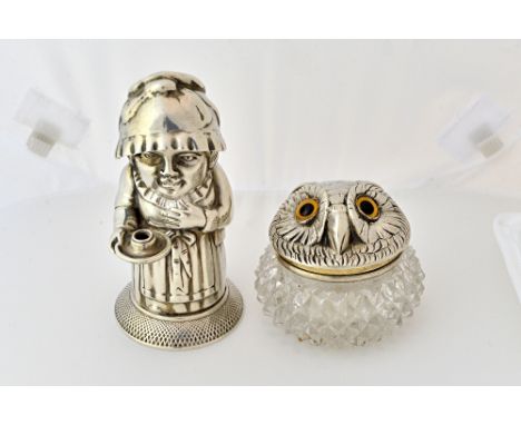 A late Victorian silver hinge lidded faceted glass jar, the hinged cover formed as an owl's face, with boot button eyes, by S