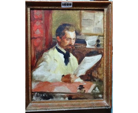 Continental School (early 20th century), Portrait study of a gentleman reading a newspaper, oil on canvasboard, 27cm x 21cm.