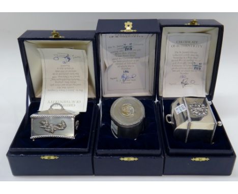 A group of three modern silver cased music boxes, by St James House Co., Birmingham 1978, 1979 and 1980, two of lidded dome t