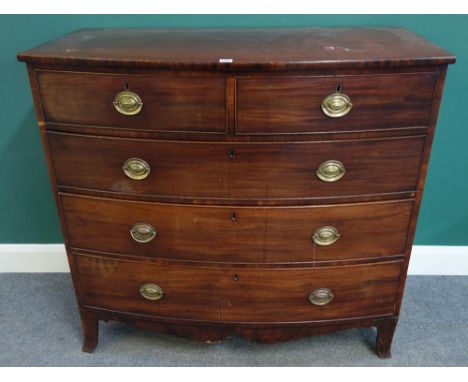 A Regency mahogany bowfront chest of two short and three long graduated drawers, on splayed bracket feet, 115cm wide x 106cm 