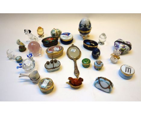 A collection of modern porcelain and enamel patch boxes, including; Halcyon Days, Crummels and Limoges, also Swarovski type c