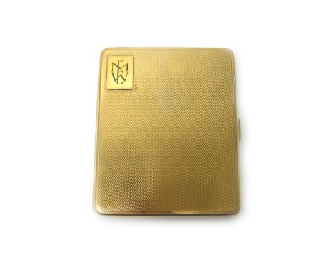 A 9ct gold rectangular cigarette case, the exterior engine turned and later applied with a monogram engraved plaque, retailed