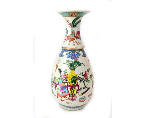 A Chinese famille-rose vase, late 19th century, painted with a yellow ground dragon vase, a scroll painting, jue vessels, flo