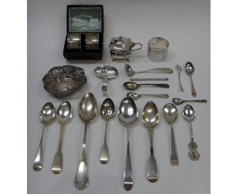 Silver, comprising; a pair of Victorian napkin rings, with a case, another napkin ring, a mustard pot, a bonbon dish, a swizz