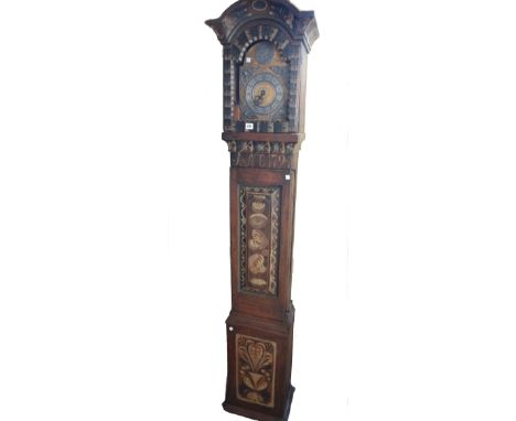 A late 18th century Swedish painted longcase timepiece, dated 1794 to the case and 1787 to the dial, the plain case with arch