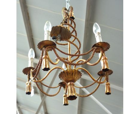A modern gilt metal five branch chandelier, the plain stem issuing five swan neck arms united by rope decoration, 67cm high. 