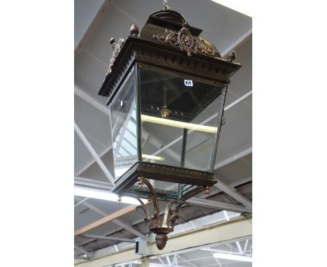 A gilt and patinated metal lantern, late 20th century, of tapering square form, with gilt foliate surmounts and embellishment