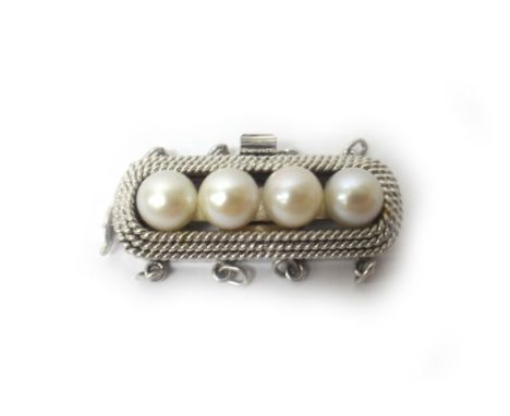 A white gold and cultured pearl four row clasp, mounted with a row of four cultured pearls within stepped ropetwist borders, 