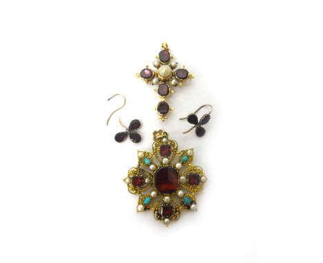 A foil backed garnet, turquoise and cultured pearl set pendant brooch, circa 1840, a foil backed garnet and cultured pearl pe