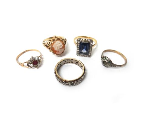 A gold, synthetic sapphire and rose diamond set rectangular cluster ring, a 9ct gold ring, mounted with an oval shell cameo, 