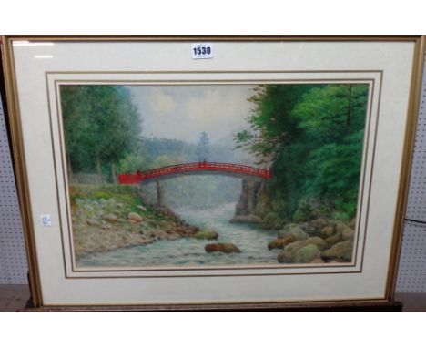 K. Tabuchi (early 20th century) Japanese riverscape with red bridge, watercolour, signed, 31cm x 48cm.