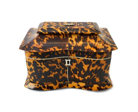 A Regency tortoiseshell tea caddy with twin division interior, 20cm wide x 15cm high.