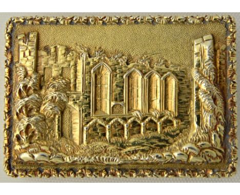 A William IV silver-gilt 'castle top' vinaigrette of rectangular form, the lid with a raised view of John O'Gaunt's Great Hal