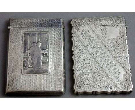 An Edwardian silver card case of rectangular form, the front with a view of a lady and gentleman in an interior scene, otherw