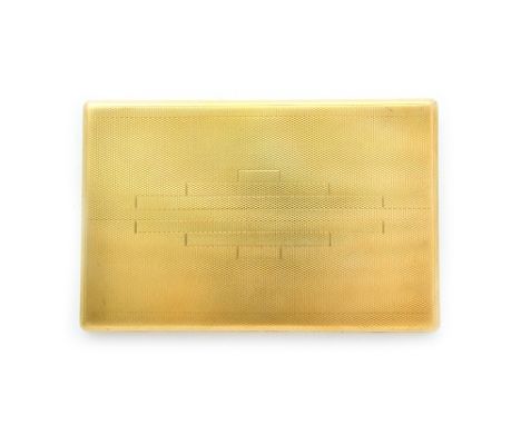 A 9ct gold rectangular slide action cigarette case, the exterior engine turned in an Art Deco design, Birmingham 1940, gross 