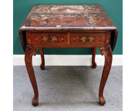 A late 18th/early 19th century Dutch parquetry inlaid walnut sofa table, on carved cabriole supports, 73cm wide, 133cm wide e