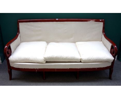 A 19th century French mahogany salon suite, comprising; a bowfront sofa with shepherd's crook arms, 178cm wide x 93cm high, a