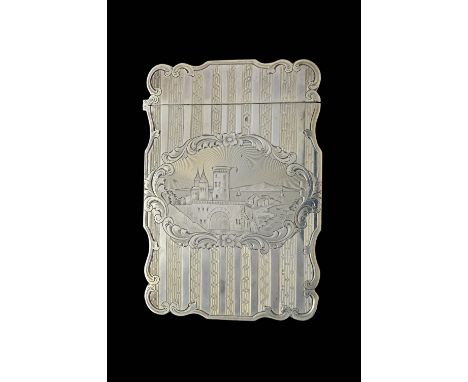 A Victorian silver 'castle top' card case of shaped rectangular form, the front engraved with a scene possibly showing Bambur