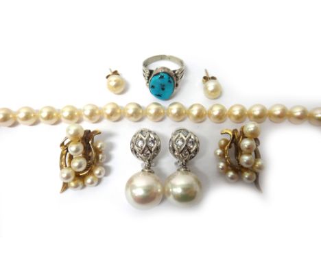 A pair of gold and cultured pearl earclips, each designed as a spray, detailed 9 CT, a pair of cultured pearl earstuds, a pai