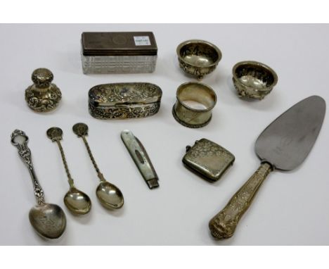 Silver and silver mounted wares, comprising; a rectangular vesta case, Chester 1904, a rectangular glass toilet box, the lid 