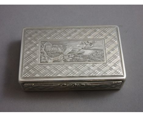 A Victorian Scottish silver snuff box of rectangular form, the lid engraved with an owl perched on a branch within a landscap