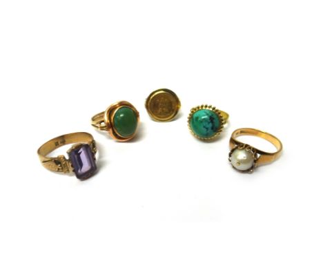 An amethyst set solitaire ring, detailed 333, a cultured pearl ring, detailed 585, a turquoise matrix single stone ring, deta