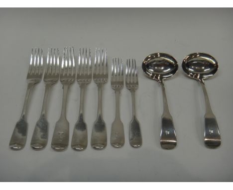 Silver fiddle pattern table flatware, comprising; a pair of Scottish sauce ladles, Glasgow 1821, four table forks, London 181