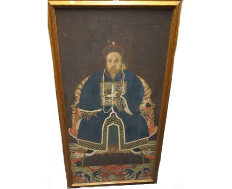 A Chinese ancestor portrait, 19th century, watercolour and gouache on paper laid on linen, painted with a first-ranking civil