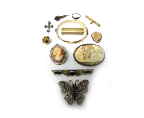 A Masonic ball folding pendant, opening to reveal engraved Masonic symbols, a gold bar brooch, detailed 9 CT, two oval shell 