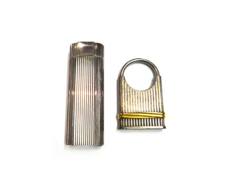 A silver plated Must de Cartier sprung padlock, having banded decoration, with a case detailed Cartier Cadeaux and a silver p