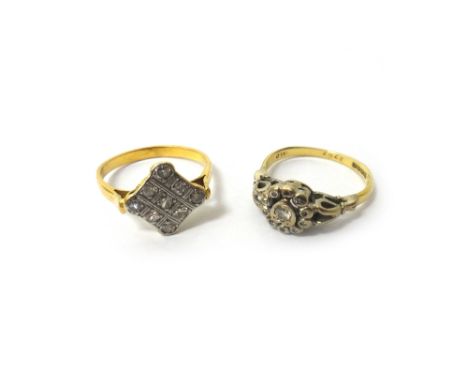 A gold and diamond set nine stone lozenge shaped cluster ring, mounted with circular cut diamonds, ring size L and a half and