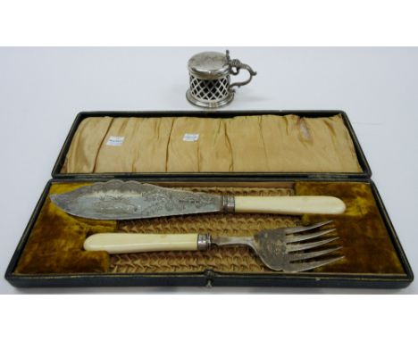 A silver fish slice and serving fork, with engraved decoration, Sheffield 1907 and 1908, cased and a Victorian Irish mustard 