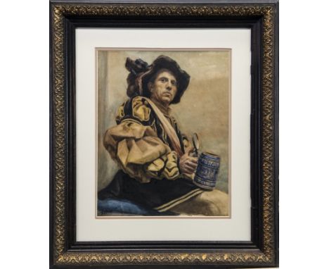 * RUDOLF SCHRAMM ZITTAU (GERMAN 1874 - 1950), PORTRAIT OF A MAN DRINKING BEER watercolour on paper, signed 34cm x 27cm Mounte